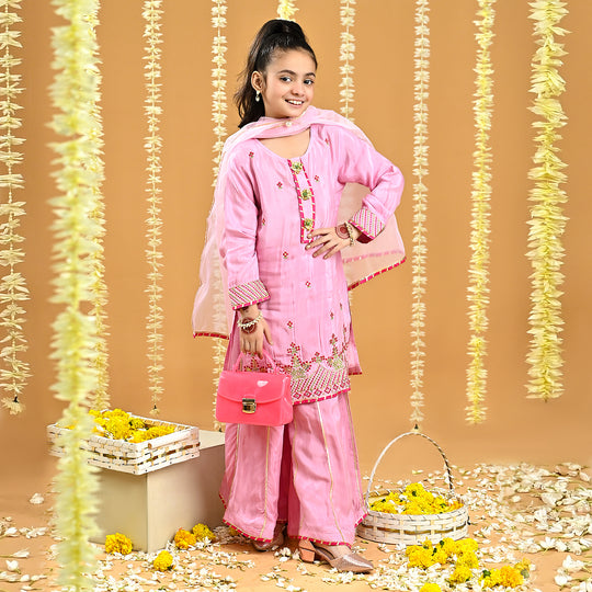 Girls Raw Silk 3Pcs Suit Kaavish-T.Pink