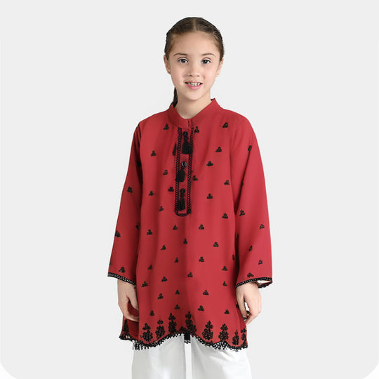 Girls Cotton Poplin Emb Kurti Schiffli-MAROON