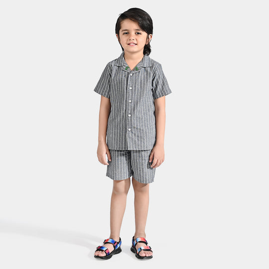 Boys Yarn Dyed Woven Suit Stripe & Palm-G-Grey Stripe