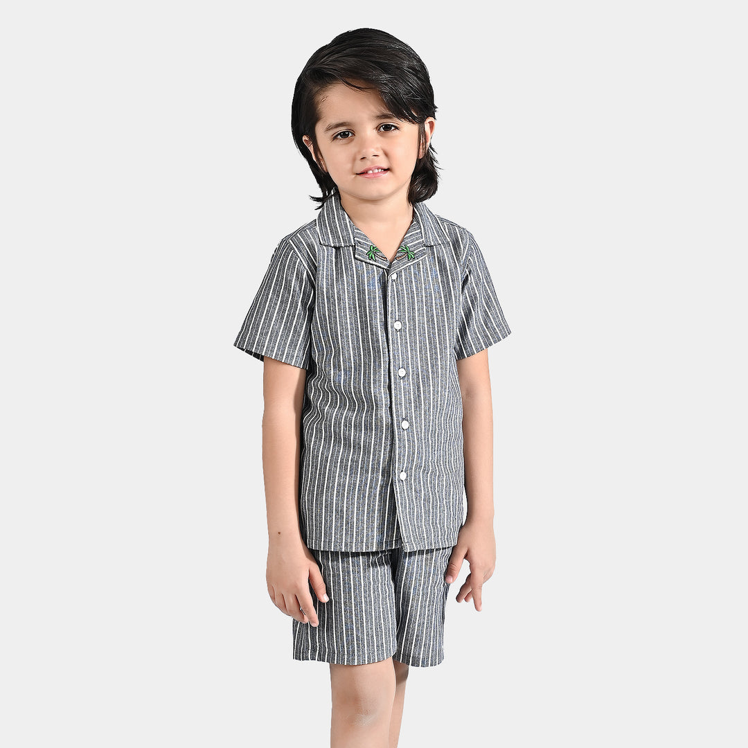 Boys Yarn Dyed Woven Suit Stripe & Palm-G-Grey Stripe