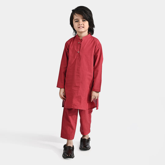 Boys Cotton 2pc Suit (Band Collar) - Red