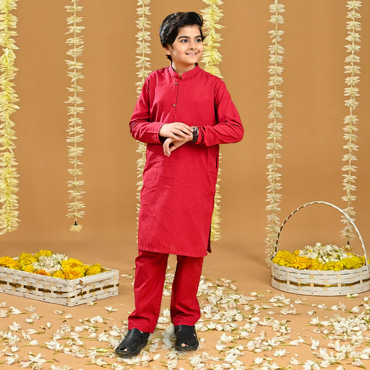 Boys Cotton 2pc Suit (Band Collar) - Red