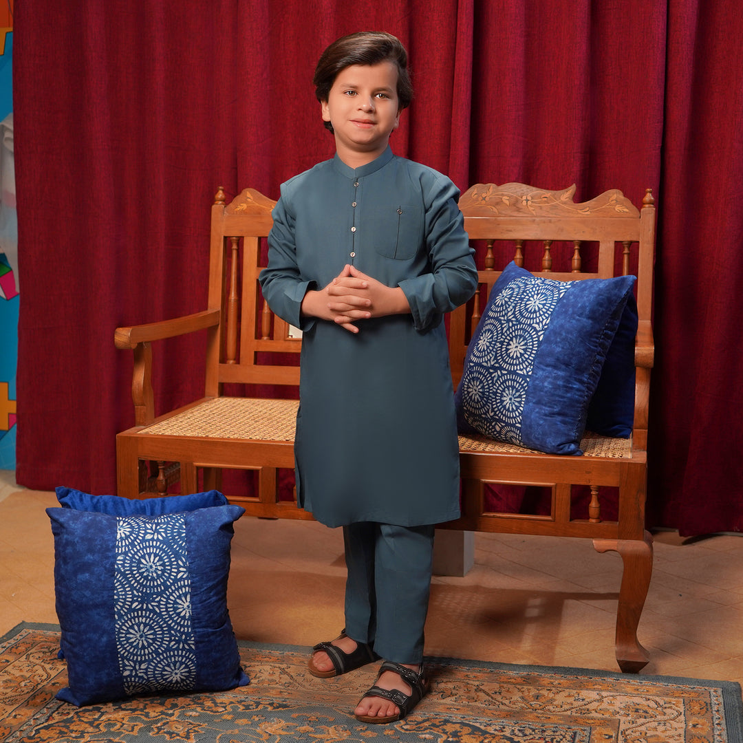 Boys Cotton Shalwar Suit (Contract Pipping)-Teal