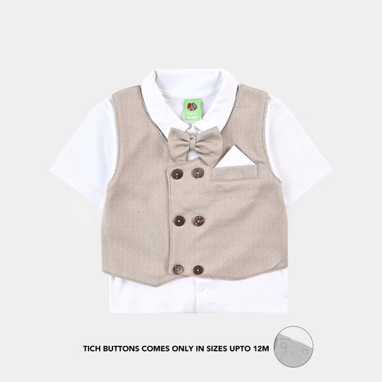 Infant Boys Jacquard Suit (Herringbone Coat) - Brown/White