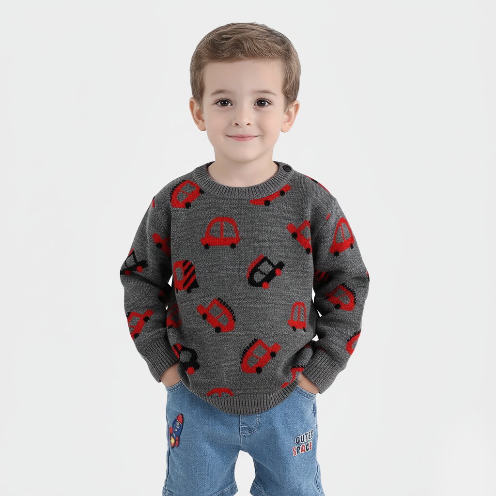 Infant Boys Acrylic Sweater-Little Cars - CHARCOAL