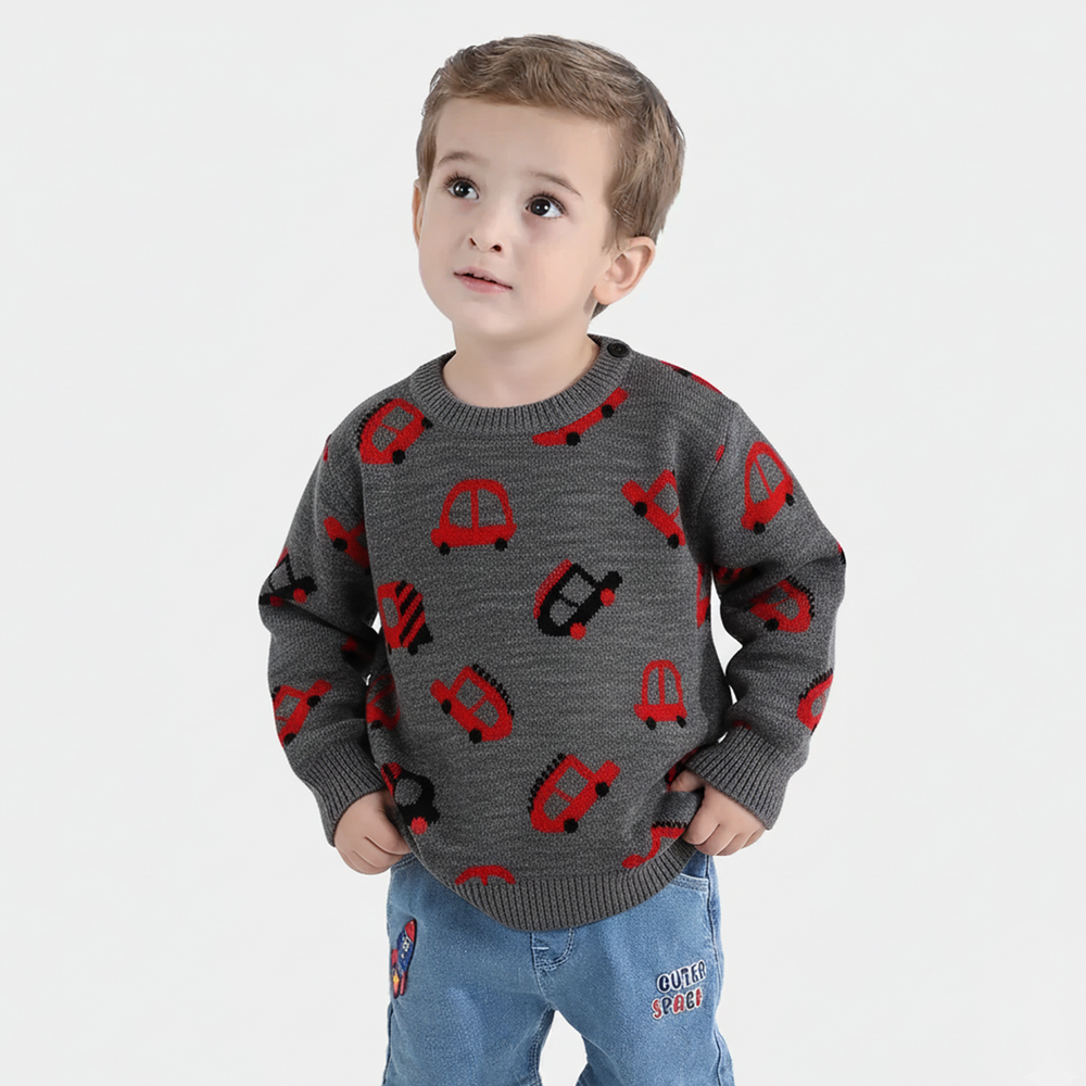 Infant Boys Acrylic Sweater-Little Cars - CHARCOAL