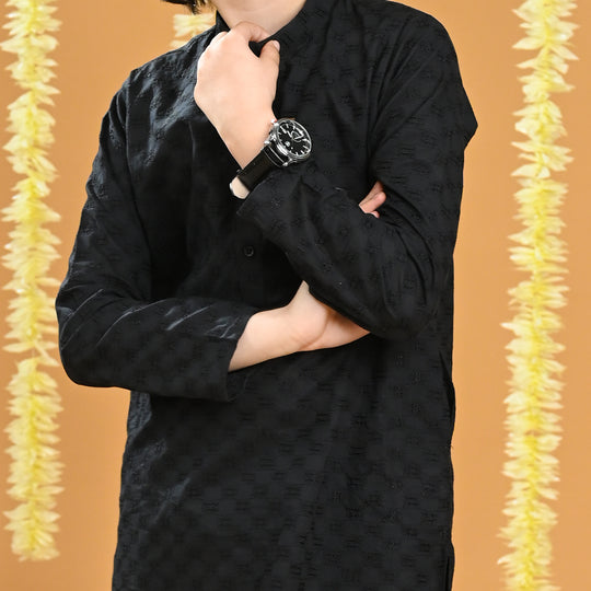 Boys Cotton Chicken Kurta-BLACK