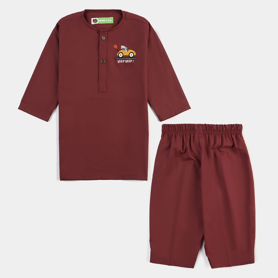 Infant Boys Poly Viscose 2PC Suit (Beep Beep)-MAROON