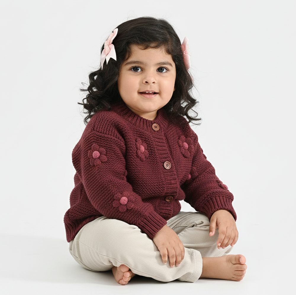 Infant Girls Acrylic Sweater-Flower Bunch-Brown