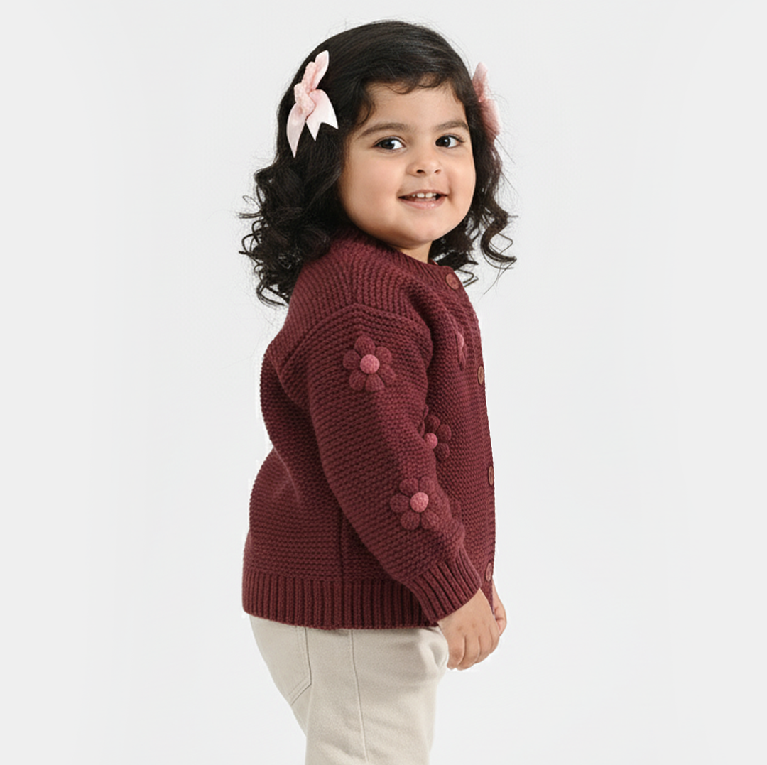 Infant Girls Acrylic Sweater-Flower Bunch-Brown