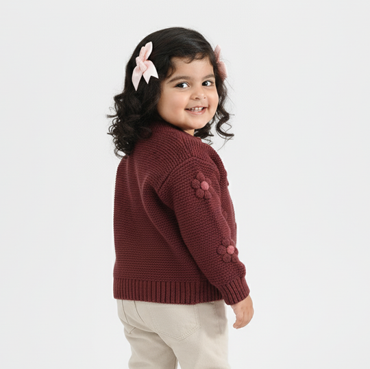 Infant Girls Acrylic Sweater-Flower Bunch-Brown