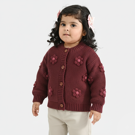 Infant Girls Acrylic Sweater-Flower Bunch-Brown