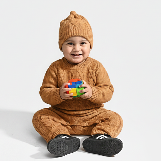 Infant Boys Acrylic Romper W/Cap-Bold Cable-Mustard