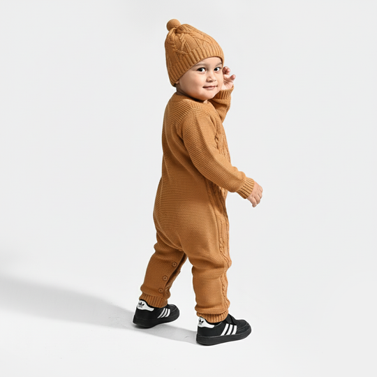 Infant Boys Acrylic Romper W/Cap-Bold Cable-Mustard