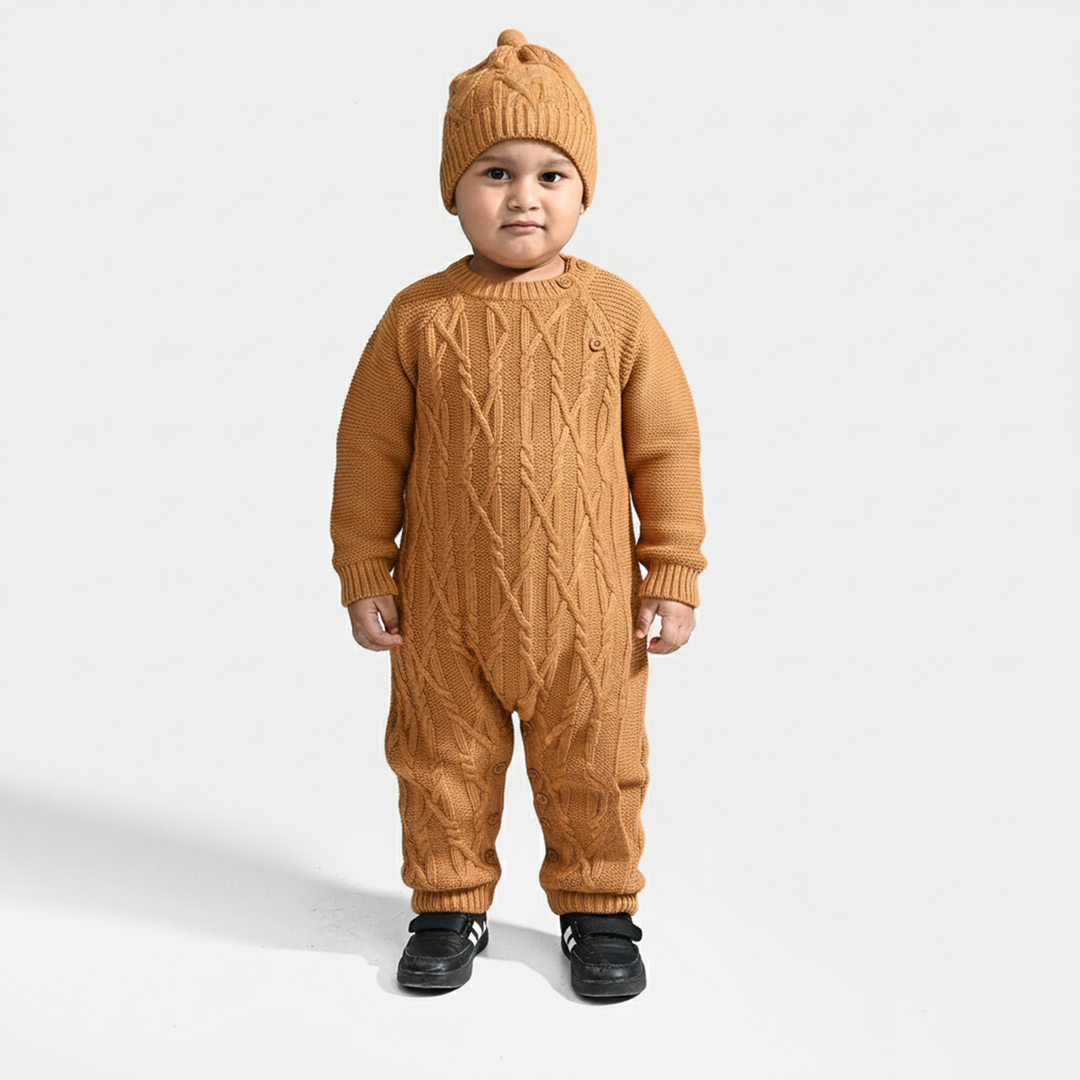 Infant Boys Acrylic Romper W/Cap-Bold Cable-Mustard