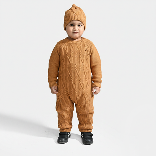 Infant Boys Acrylic Romper W/Cap-Bold Cable-Mustard