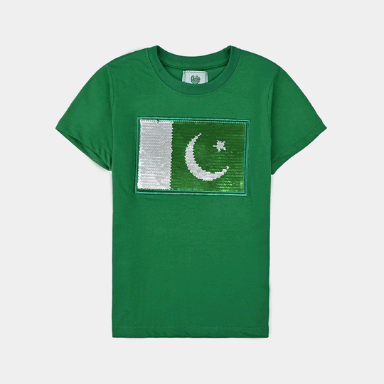Boys Poly Cotton Jersey T-Shirt H/S SEQUINS FLAG-Joly Green