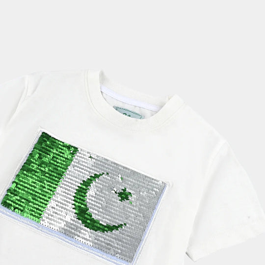 Unisex Poly Cotton Jersey T-Shirt H/S SEQUINS FLAG-Snow White