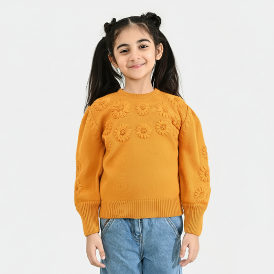Girls Acrylic Sweater-Flower Bunches-Mustard
