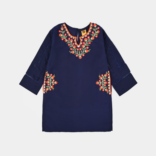 Girls Poly Cambric Emb Kurti Saya - Navy Blue