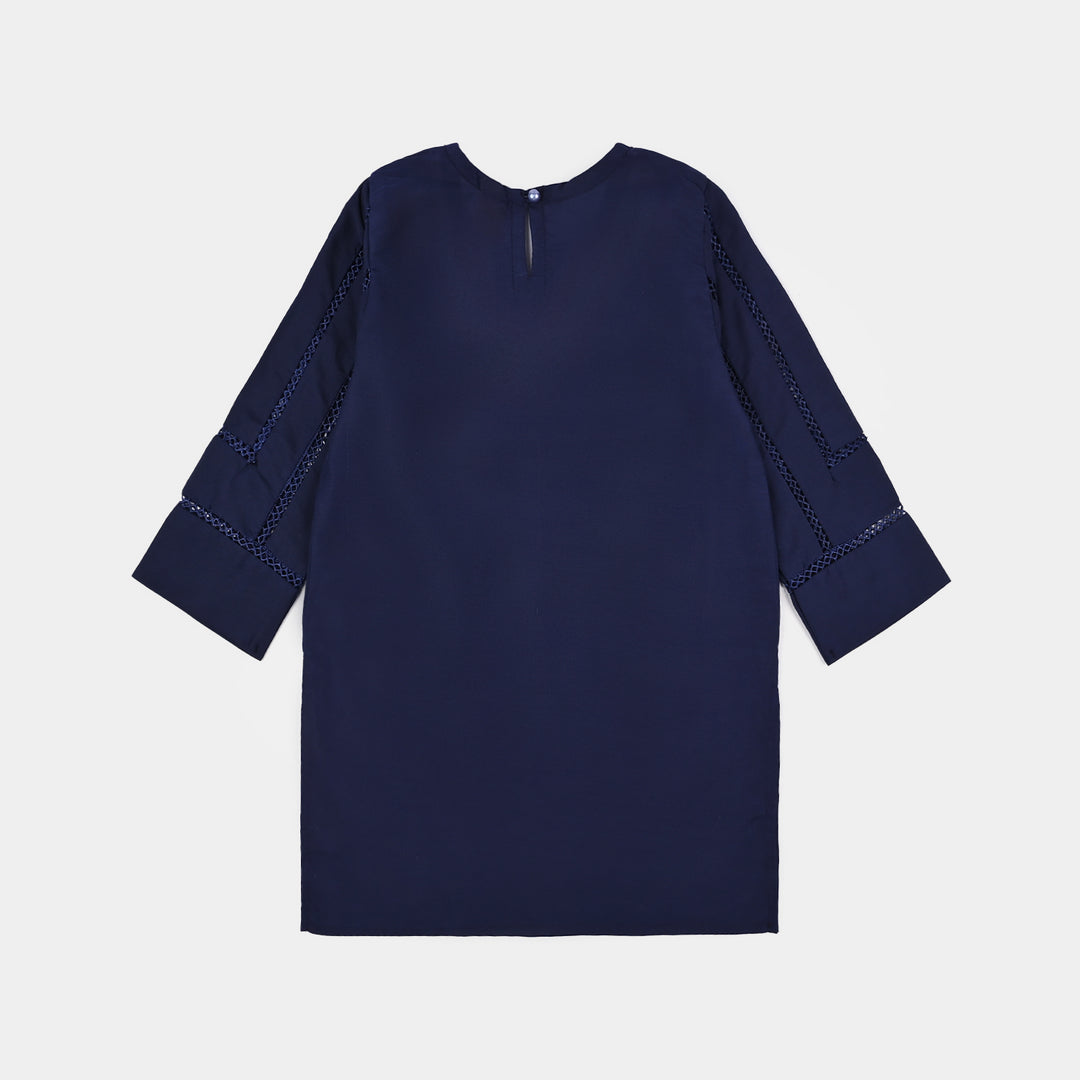Girls Poly Cambric Emb Kurti Saya - Navy Blue