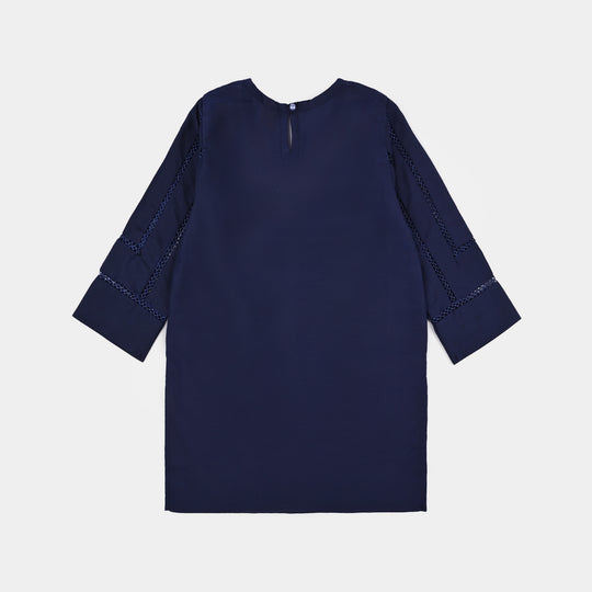 Girls Poly Cambric Emb Kurti Saya - Navy Blue
