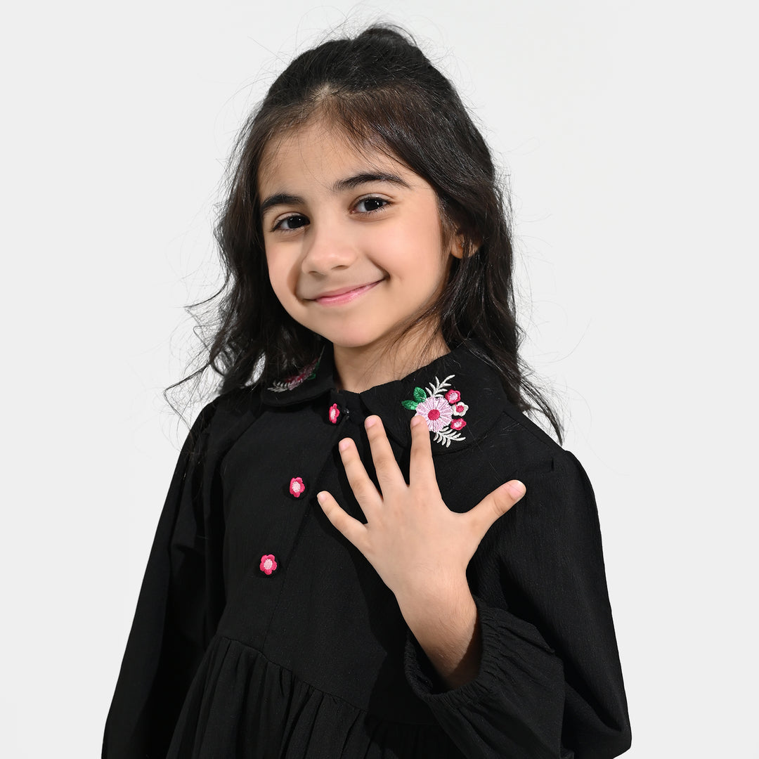 Girls Poly Crinkle Emb Frock-BLACK