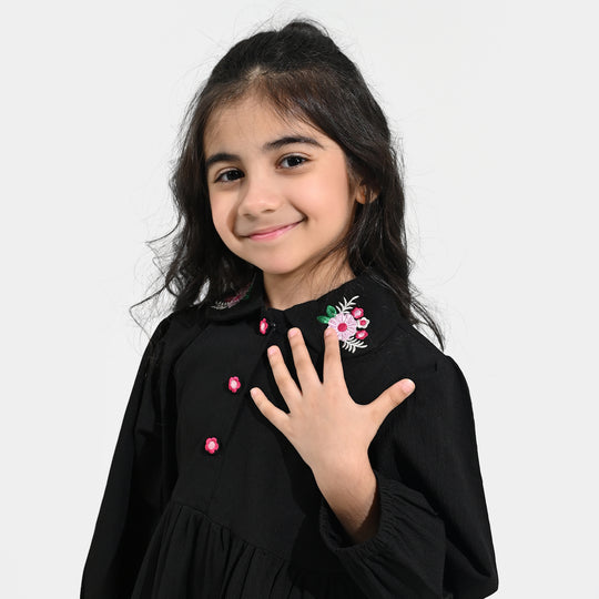 Girls Poly Crinkle Emb Frock-BLACK