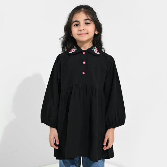 Girls Poly Crinkle Emb Frock-BLACK