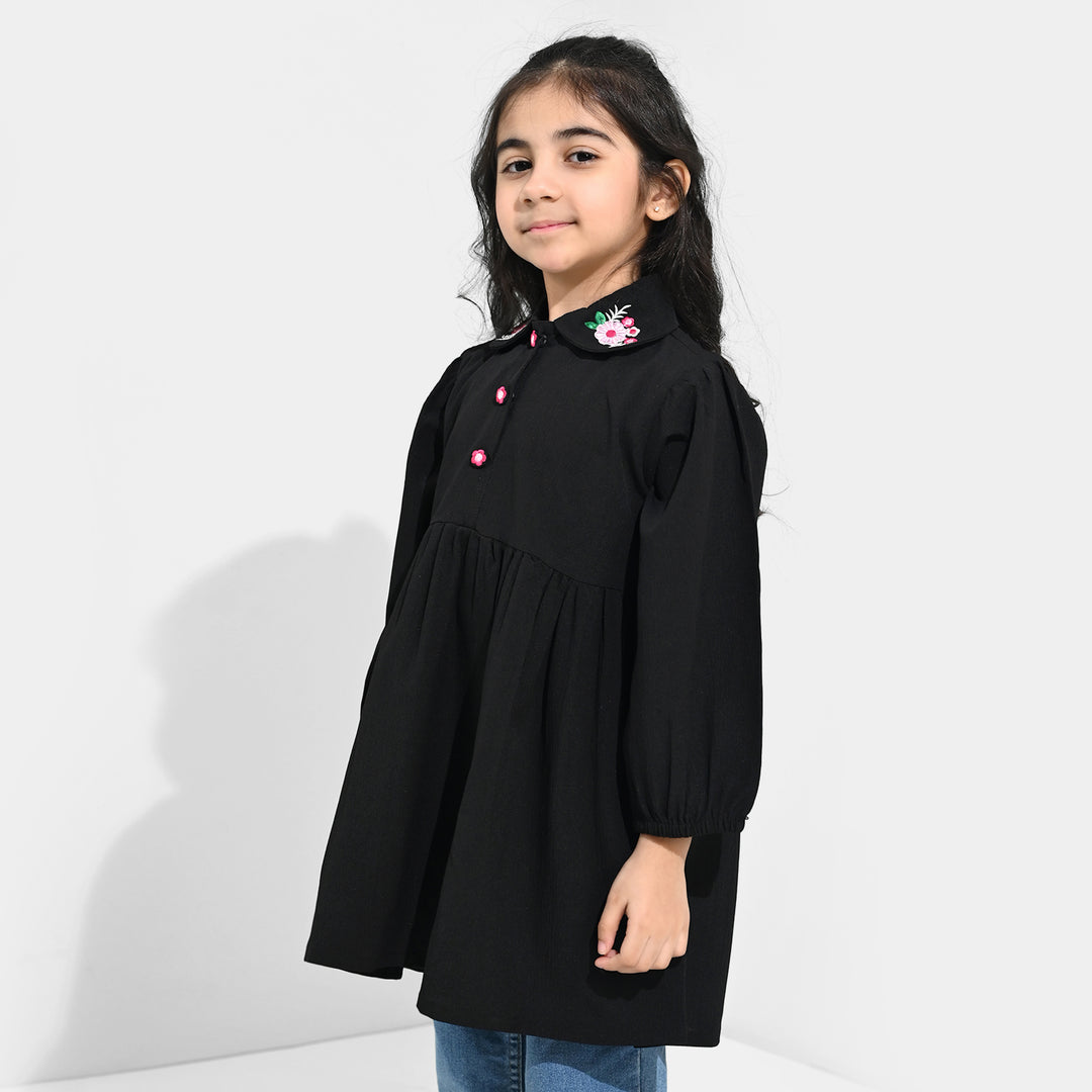 Girls Poly Crinkle Emb Frock-BLACK