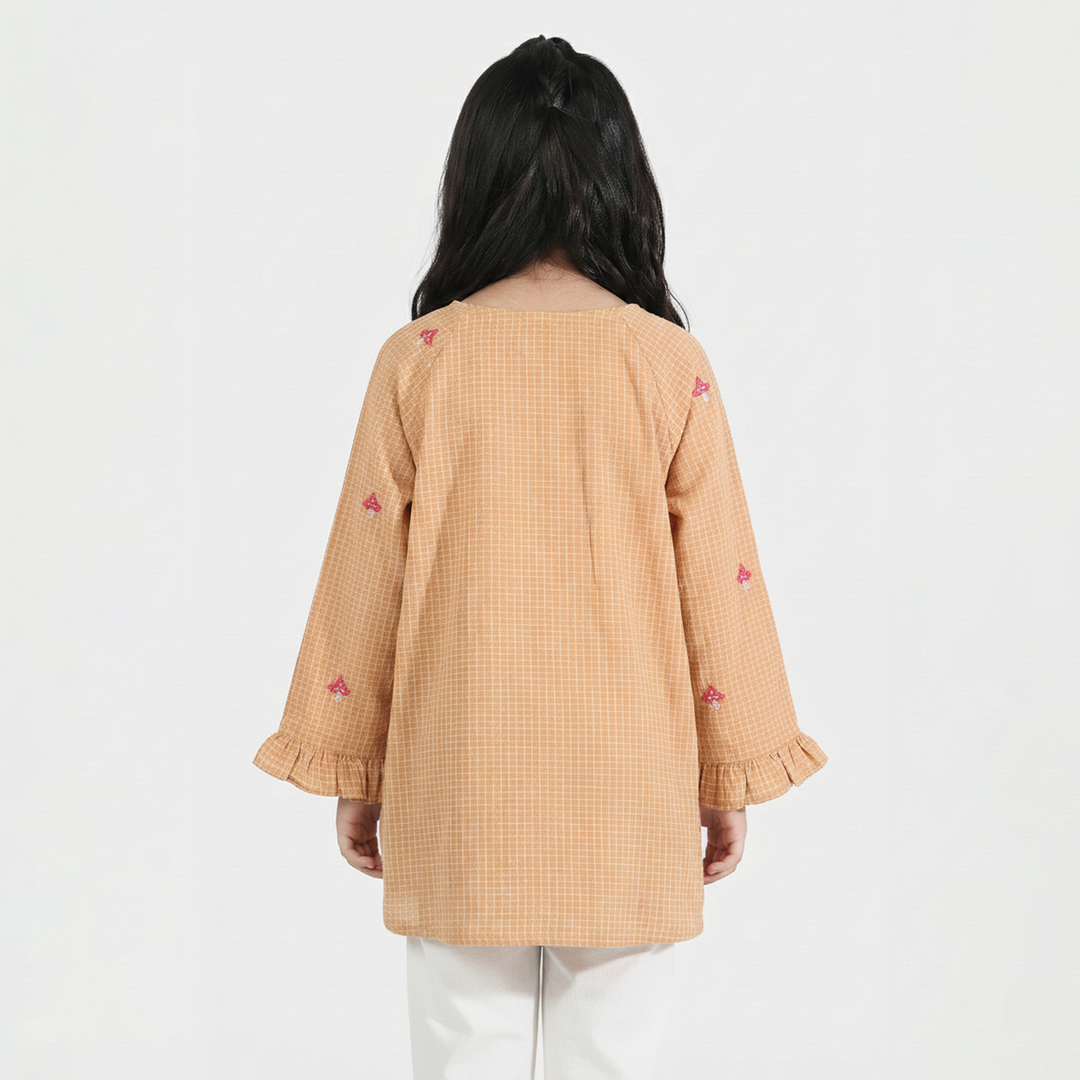Girls Cotton Embroidered Top - Mustard