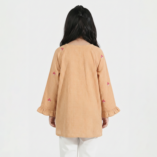 Girls Cotton Embroidered Top - Mustard