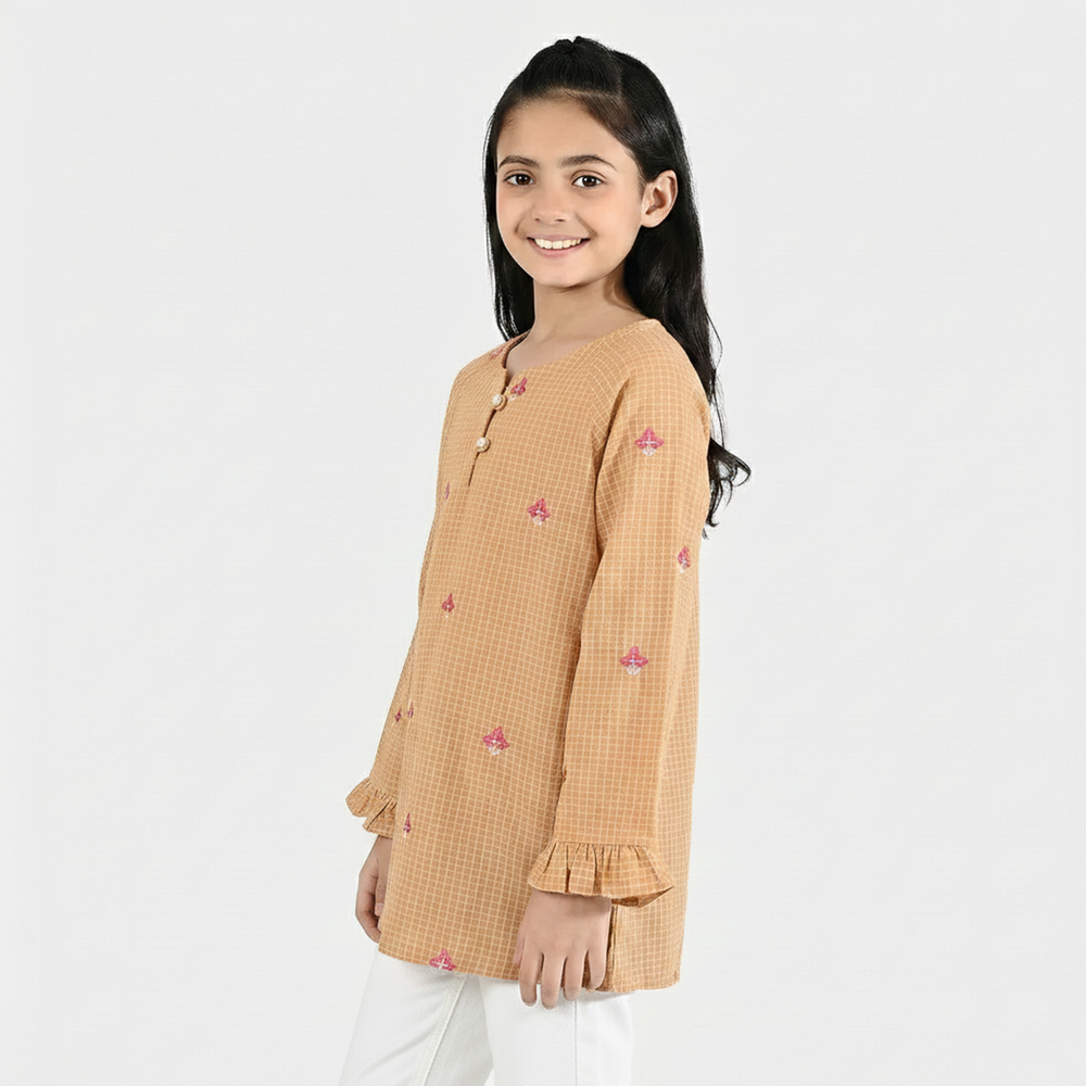 Girls Cotton Embroidered Top - Mustard