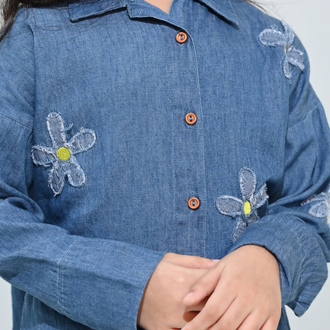 Girls Tensile Denim (Light Denim) Emb Top Flowers-Mid Blue
