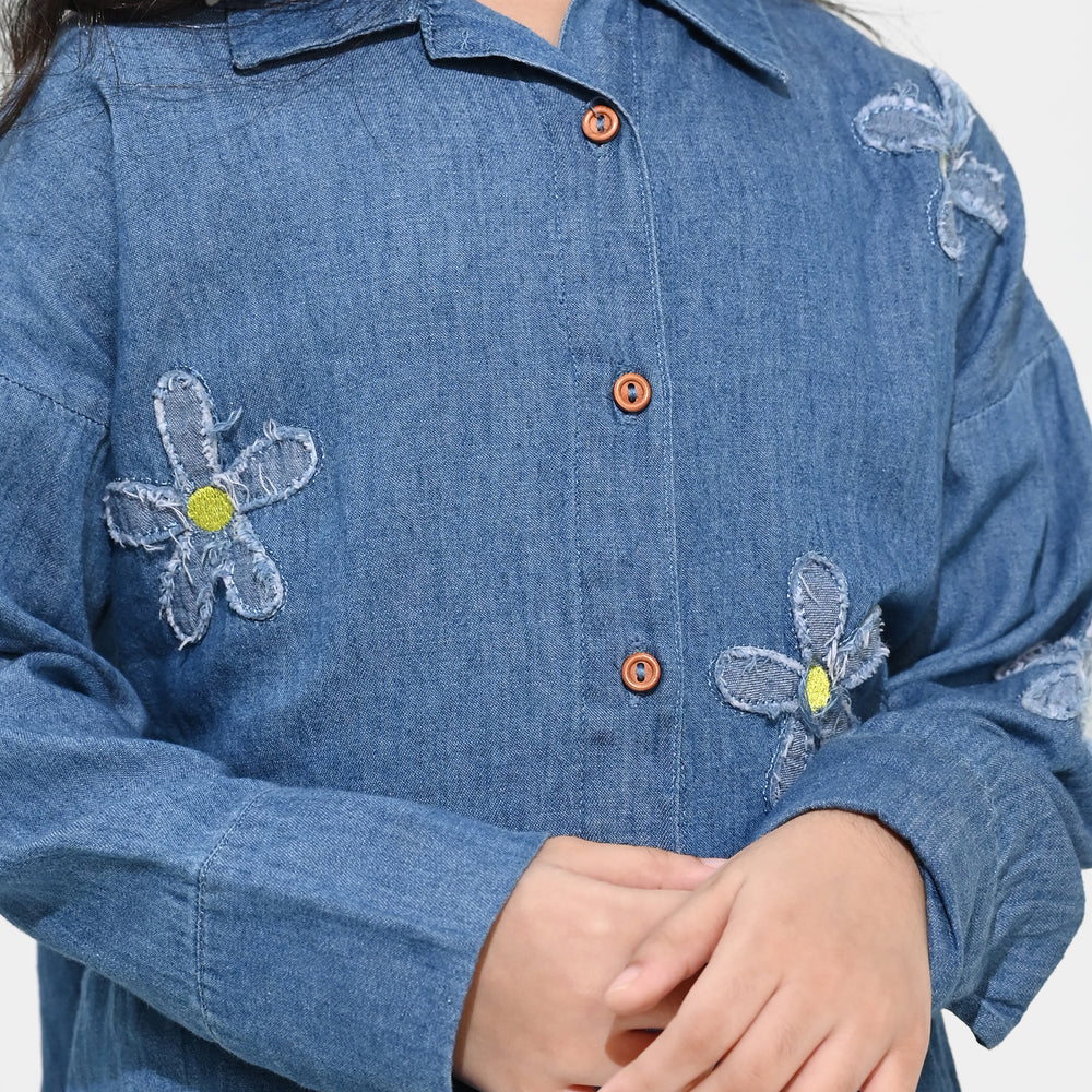 Girls Tensile Denim (Light Denim) Emb Top Flowers-Mid Blue