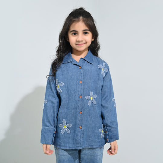 Girls Tensile Denim (Light Denim) Emb Top Flowers-Mid Blue