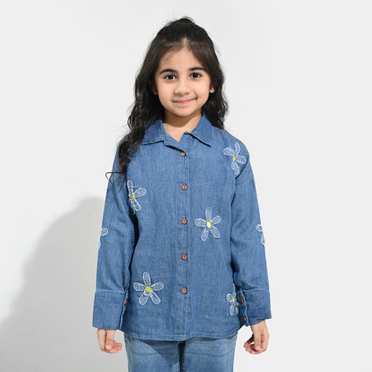 Girls Tensile Denim (Light Denim) Emb Top Flowers-Mid Blue