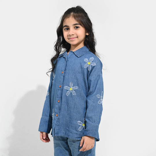 Girls Tensile Denim (Light Denim) Emb Top Flowers-Mid Blue