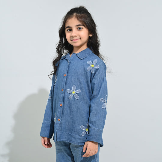 Girls Tensile Denim (Light Denim) Emb Top Flowers-Mid Blue