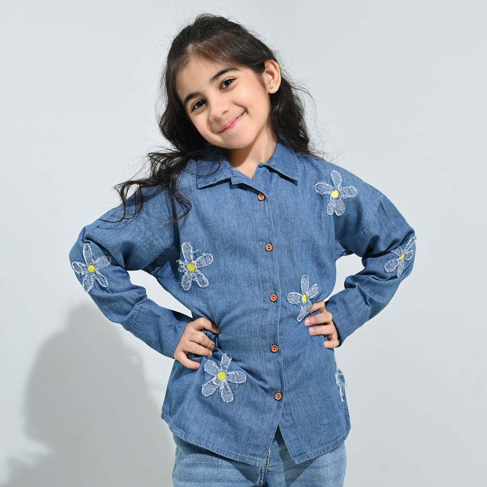 Girls Tensile Denim (Light Denim) Emb Top Flowers-Mid Blue
