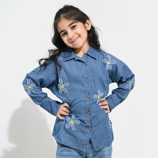 Girls Tensile Denim (Light Denim) Emb Top Flowers-Mid Blue