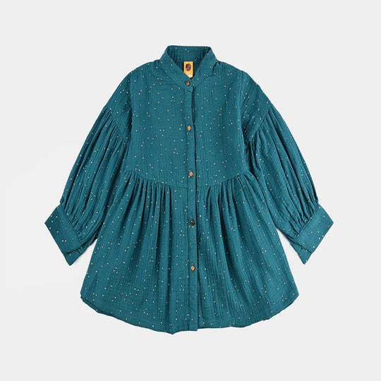 Girls Poly Crinkle Casual Top-Sea Green