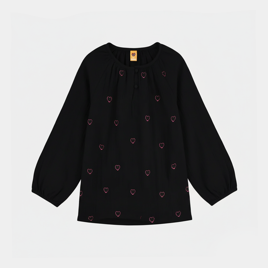 Girls Poly Crinkle Emb Top Pink Hearts - BLACK