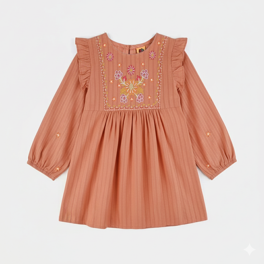 Girls Cotton Emb Top Rusty Ruffles-Rust