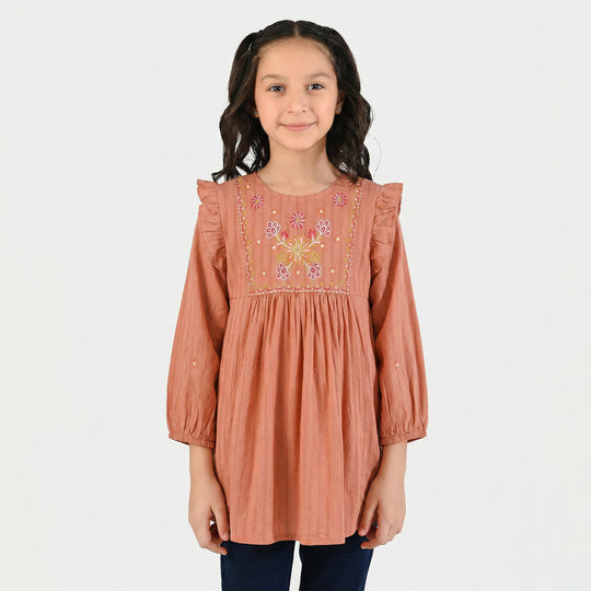 Girls Cotton Emb Top Rusty Ruffles-Rust
