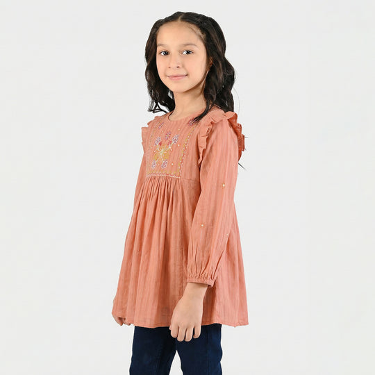 Girls Cotton Emb Top Rusty Ruffles-Rust
