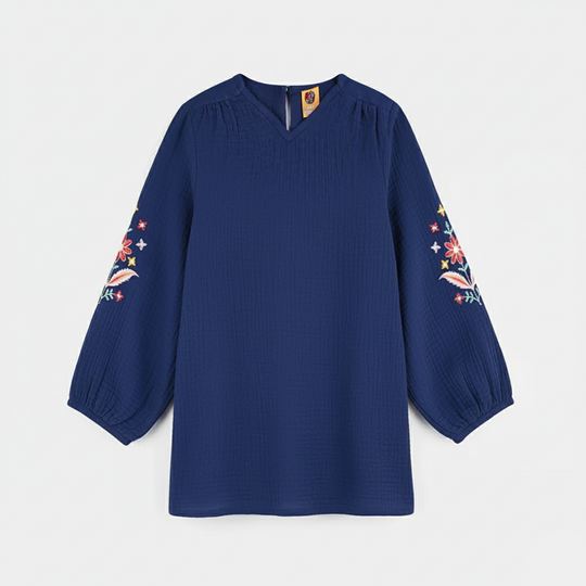 Girls Cotton EMB Top Bouquet-Navy Blue