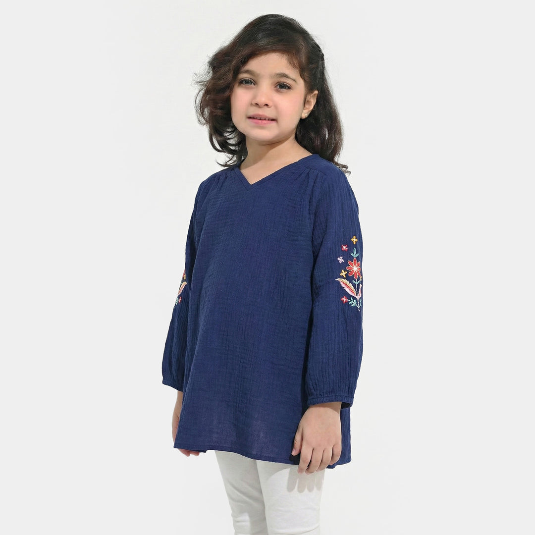 Girls Cotton EMB Top Bouquet-Navy Blue