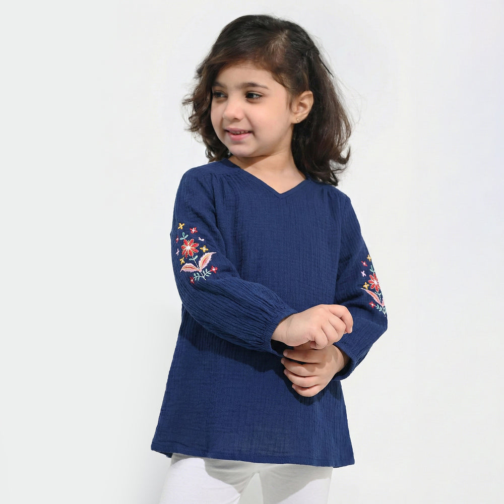 Girls Cotton EMB Top Bouquet-Navy Blue
