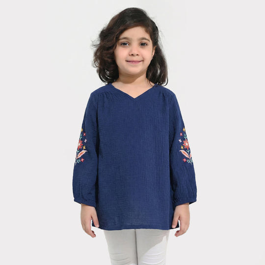 Girls Cotton EMB Top Bouquet-Navy Blue